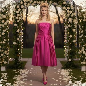 VTG 80s Strapless Ribbed Taffeta Silk Magenta Pink Barbie Fit Flare Dress SZ 12